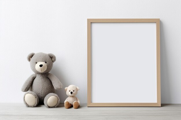 There is a teddy bear and a blank picture frame on the floor generative ai