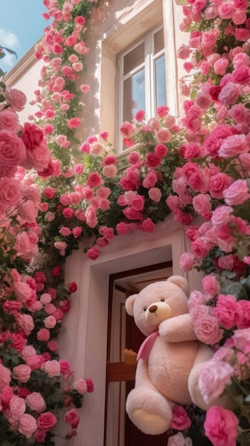 there is a teddy bear hanging from a building with pink roses generative ai
