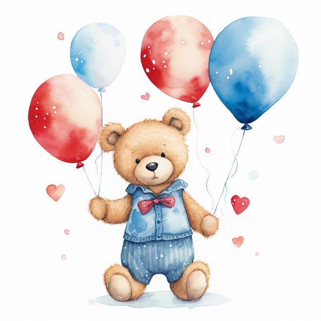 there is a teddy bear holding balloons in the air generative ai