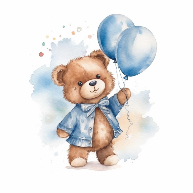 There is a teddy bear holding a blue balloon in its hand generative ai