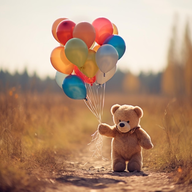 there is a teddy bear holding a bunch of balloons on a dirt road generative ai