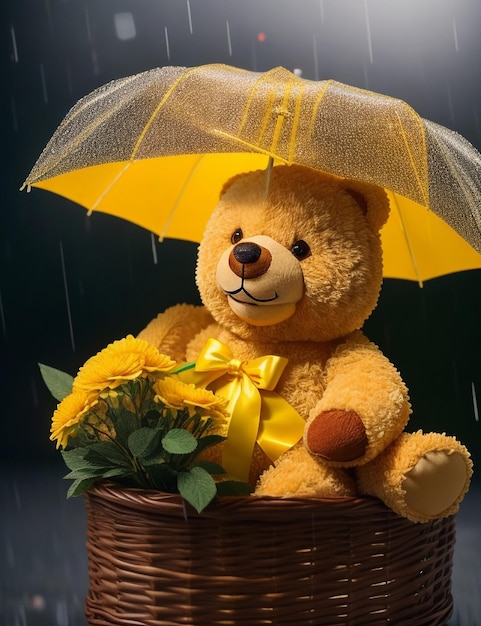 There is a teddy bear sitting in a basket with flowers