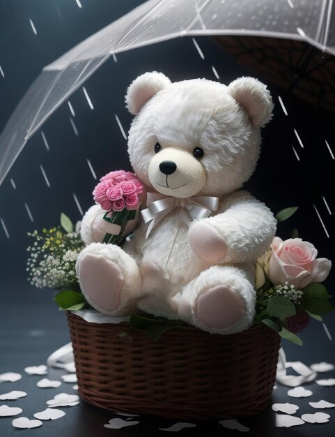 There is a teddy bear sitting in a basket with flowers