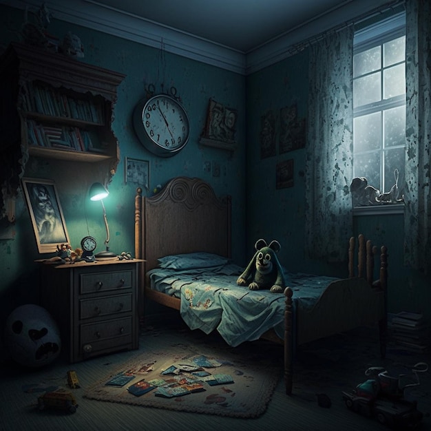 Photo there is a teddy bear sitting on a bed in a dark room generative ai