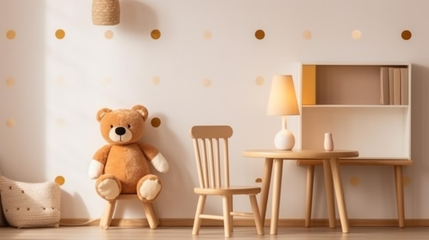 There is a teddy bear sitting on a chair in a room generative ai