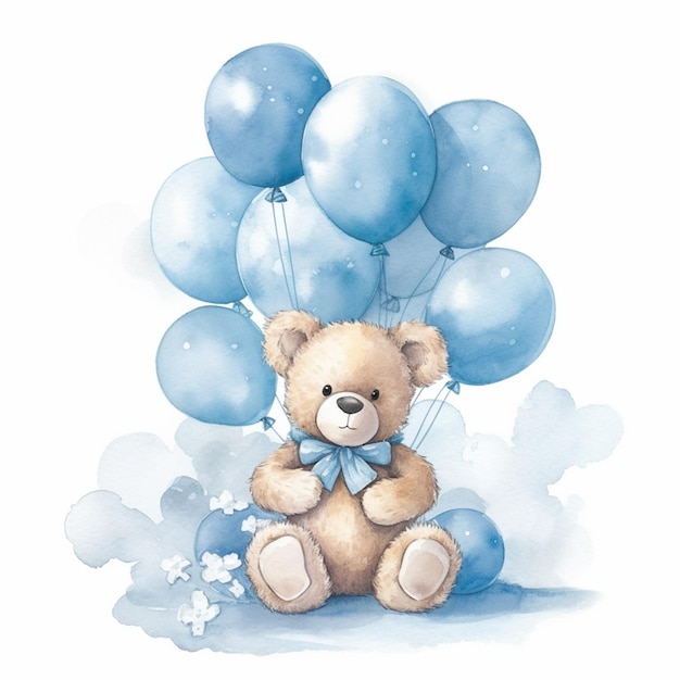 There is a teddy bear sitting on a cloud with blue balloons generative ai