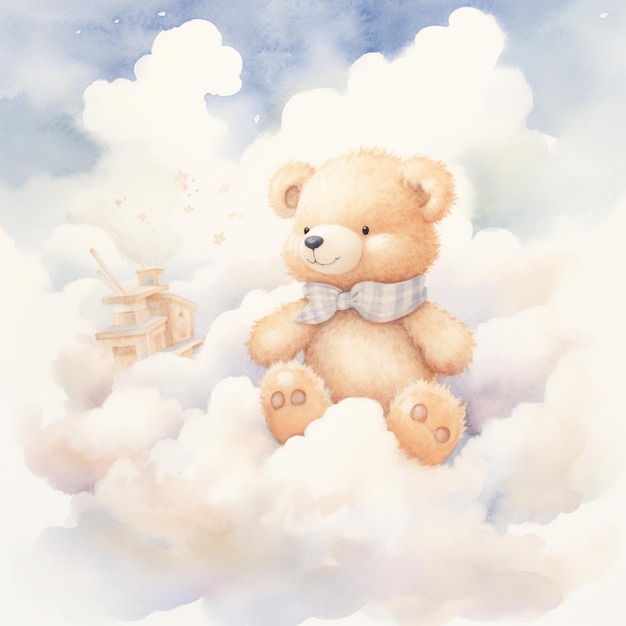 Foto c'è un orsacchiotto seduto su una nuvola con una casa sullo sfondo