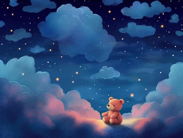 there is a teddy bear sitting on a cloud with a sky background generative ai