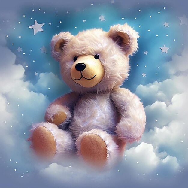 Foto c'è un orsacchiotto seduto su una nuvola con le stelle nel cielo generativo ai