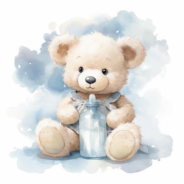 there is a teddy bear sitting next to a glass bottle generative ai