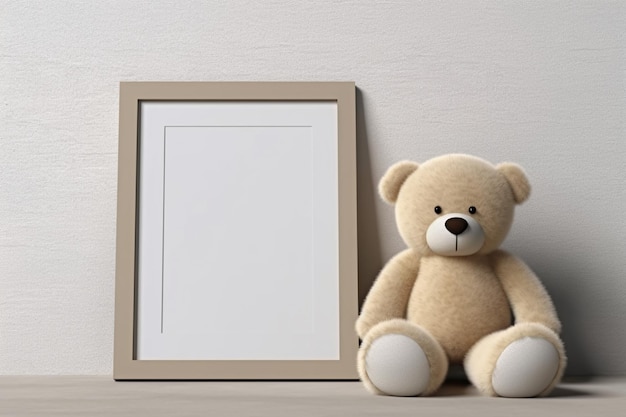 There is a teddy bear sitting next to a picture frame generative ai