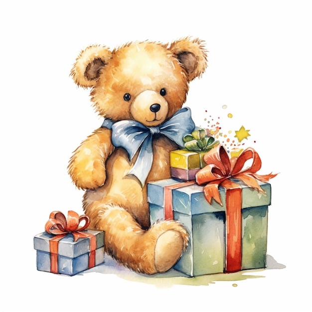 there is a teddy bear sitting on a pile of presents generative ai