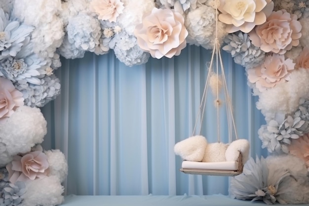 Photo there is a teddy bear sitting on a swing in a flowered room generative ai