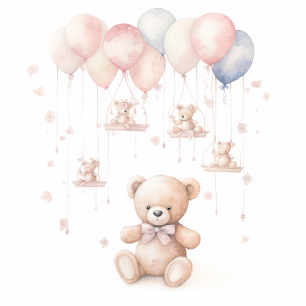 Есть плюшевый медведь, сидящий на качелях с воздушными шарами.