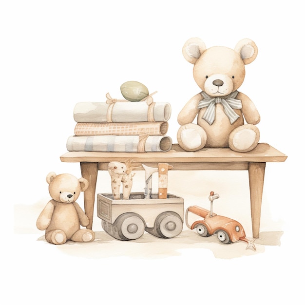 На столе сидит плюшевый медведь с игрушечным поездом.