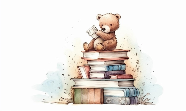 There is a teddy bear sitting on top of a pile of books generative ai