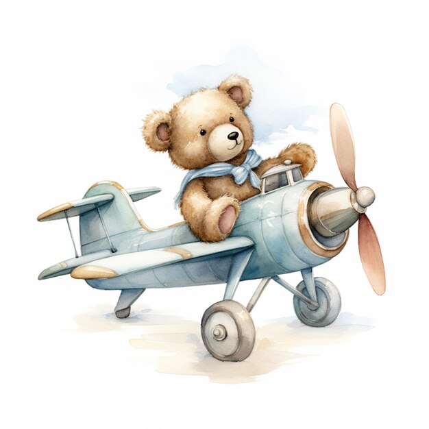 There is a teddy bear sitting on top of a small airplane generative ai