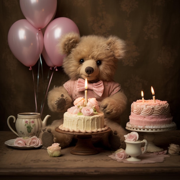 there is a teddy bear that is sitting next to a cake generative ai