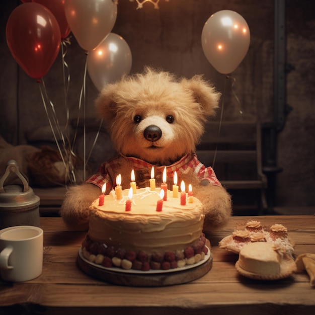 there is a teddy bear that is sitting in front of a cake generative ai