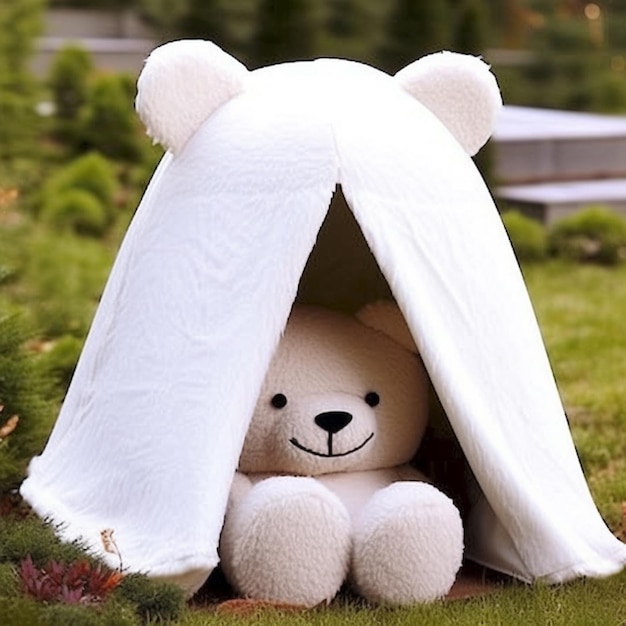 There is a teddy bear that is sitting in a tent generative ai