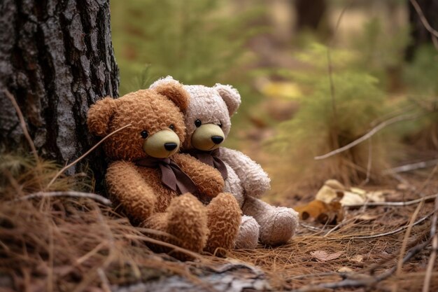 There is a teddy bear that is sitting next to a tree generative ai