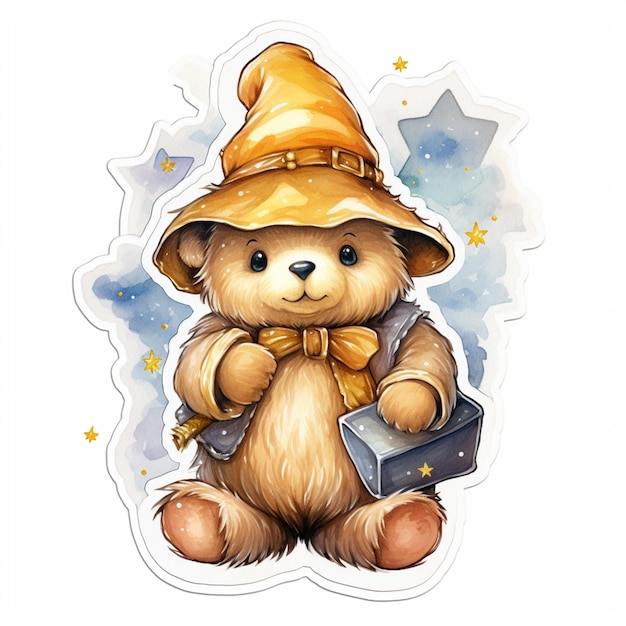 there is a teddy bear wearing a hat and holding a book generative ai