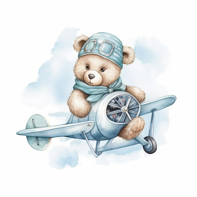 Photo there is a teddy bear wearing a pilots hat and scarf sitting on a small airplane generative ai