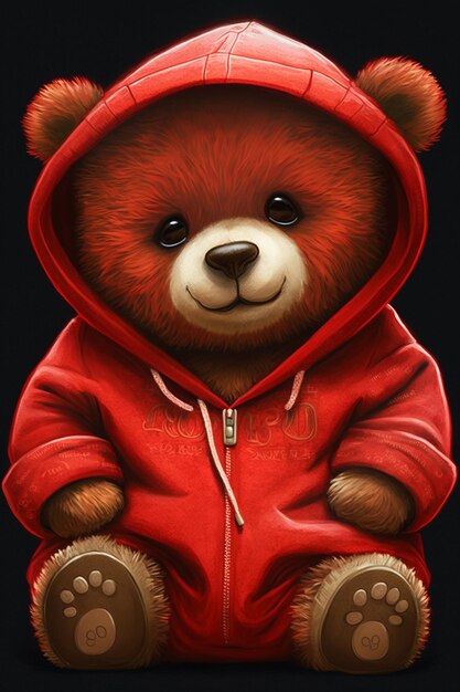 There is a teddy bear wearing a red hoodie sitting down generative ai