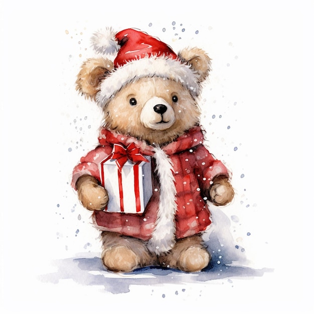 There is a teddy bear wearing a santa hat and holding a present generative ai