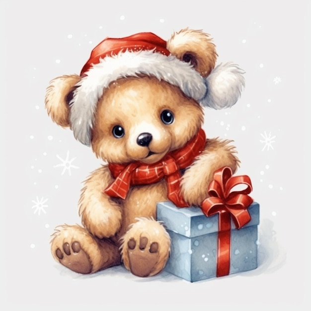 there is a teddy bear wearing a santa hat and holding a present generative ai