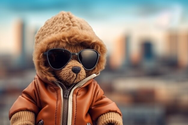 Photo there is a teddy bear wearing sunglasses and a jacket generative ai