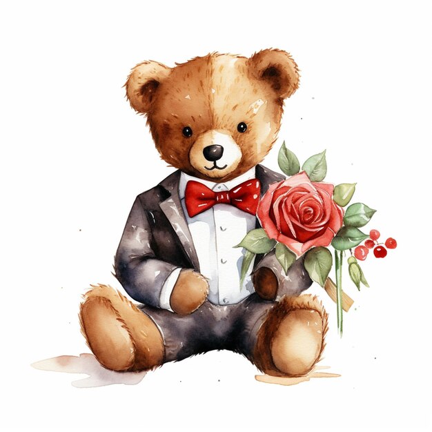 there is a teddy bear wearing a tuxedo and holding a rose generative ai