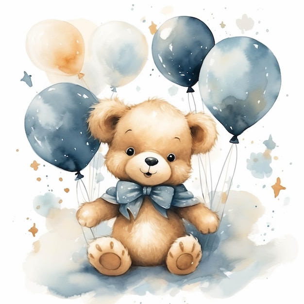 There is a teddy bear with balloons and stars on it generative ai