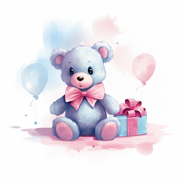 There is a teddy bear with a bow and a gift box generative ai