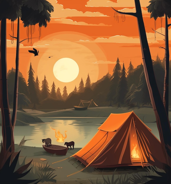 there is a tent and a boat in the water near a lake generative ai