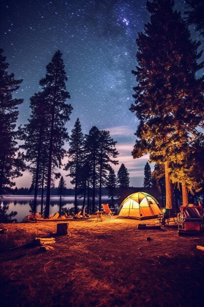 Foto c'è una tenda allestita nel mezzo di un campo generativo ai