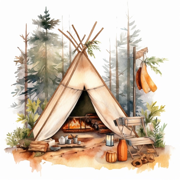 There is a tent with a fire place and a bench in the woods generative ai