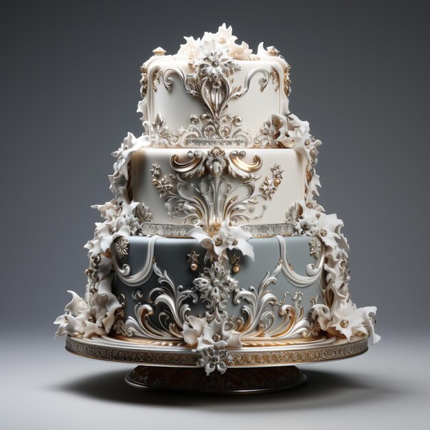 Photo there is a three tiered cake with a decorative design on it generative ai