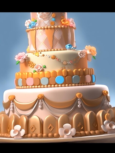 there is a three tiered cake with gold decorations on it generative ai