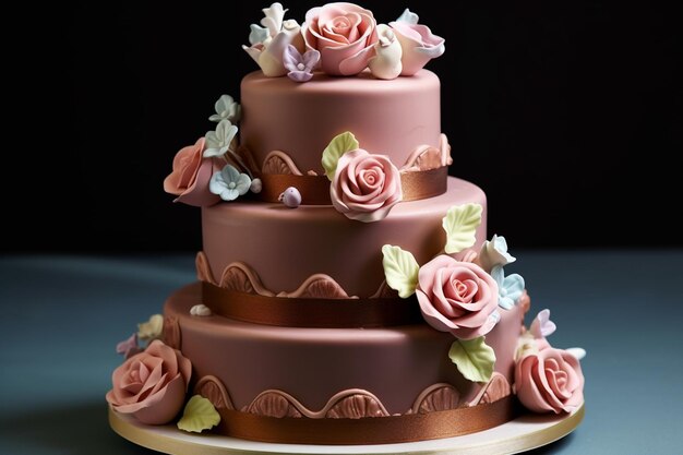 There is a three tiered cake with pink roses on it generative ai