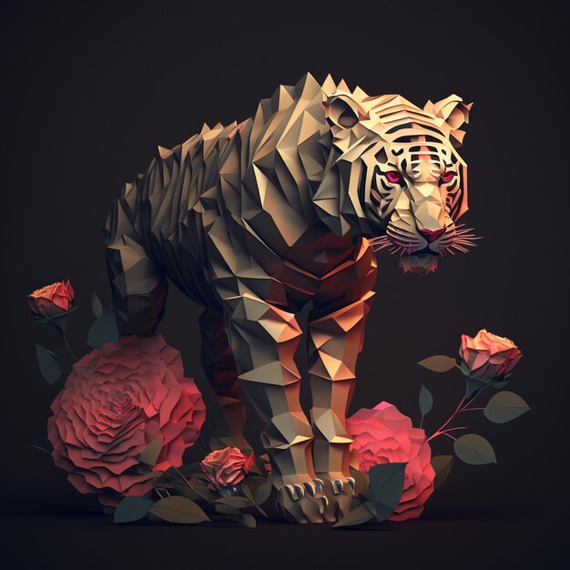 Photo there is a tiger made of paper with flowers on the ground ai generative