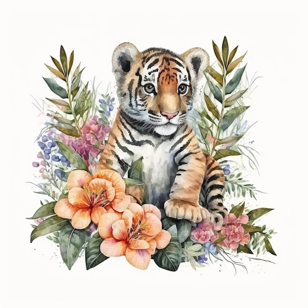 There is a tiger sitting in the middle of a flower arrangement generative ai