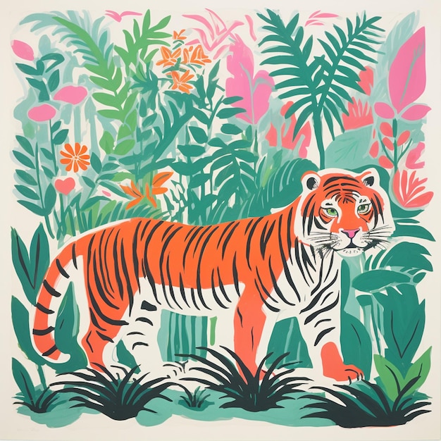 Есть тигр, стоящий в джунглях с цветами и растениями.