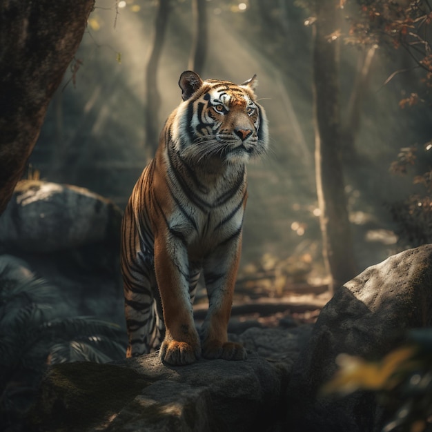 Тигр стоит на камне в лесу.