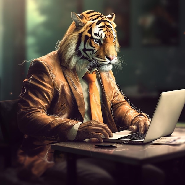 There is a tiger in a suit sitting at a table with a laptop generative ai