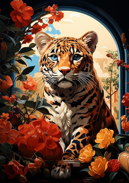 There is a tiger that is sitting in a window with flowers generative ai