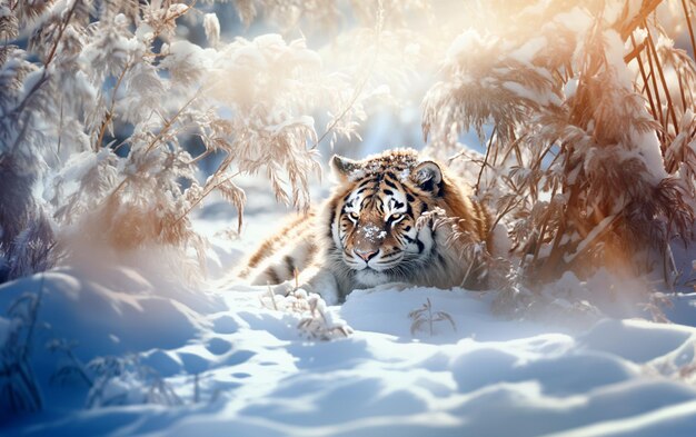 Photo there is a tiger that is walking through the snow generative ai