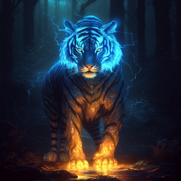 There is a tiger that is walking in the woods with a bright blue light generative ai