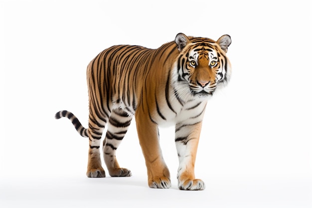 there is a tiger walking across a white background with a white background generative ai