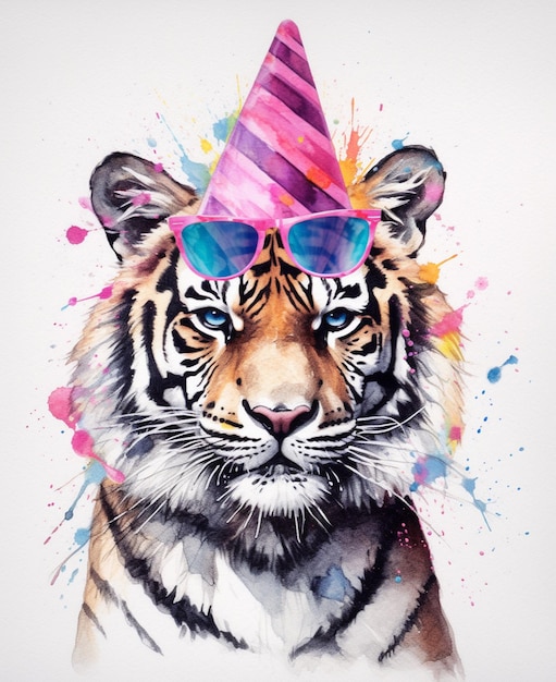 there is a tiger wearing a party hat and sunglasses generative ai